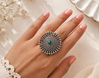 Anillo redondo ajustable de plata alemana, joyería llamativa tribal bohemia oxidada, anillo étnico vintage para mujer, regalo para ella, anillo indio