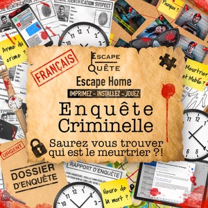 Peut inclure: Un tableau en liège brun avec une variété d'indices et d'images liés à un jeu de mystère de meurtre. Le texte "Escape Home" et "Enquête Criminelle" est visible. Le jeu est en français.