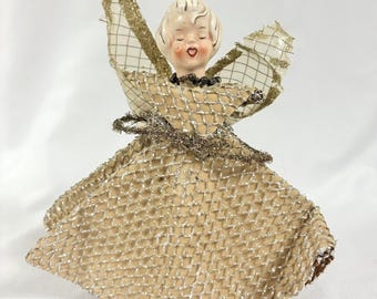 Holt Howard Ceramic Head Gold Mesh Angel Vintage MCM Christmas Tree Topper 8.5”