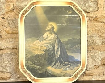 Antique Vtg Print Jesus Praying Garden of Gethsemane Ornate Embellished Frame