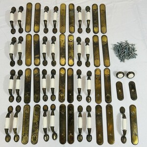 25 Vintage Amerock FI-3866 Ceramic Brass Cabinet Pulls Backplates Lot + 2 Knobs