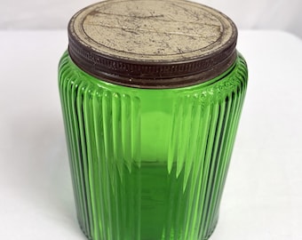 Vintage Ribbed Owens-Illinois Emerald Green Glass Ovoid Canister 1930s