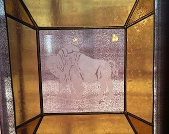 Vintage Stained Glass Sun Catcher Etched Buffalo Yellow Orange Clear 10" Square