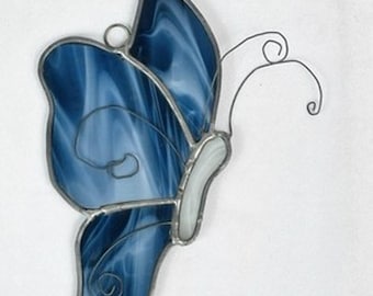 Vintage Stained Slag Glass Butterfly Suncatcher Blue Window Hanging 6.5 x 3.25