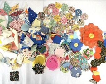 Quilting Scrap Mixed Lot Squares Hexagons Yoyos Fabrics - 1 lb