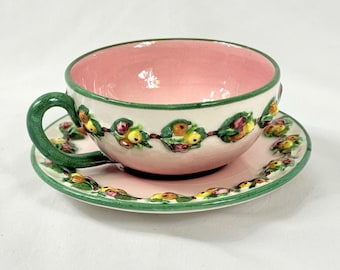 Vtg Italian Majolica Tea Cup & Saucer Pink Fruit Relief Pears Berries Italy 5233