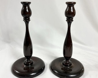 Vintage Turned Wood Candlestick Holders Dark Finish Large 11.5” Pair / Set of 2