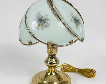 Vintage 80s Touch Lamp Blue Floral Brass Glass 3 Way 6 Swoop Panels READ