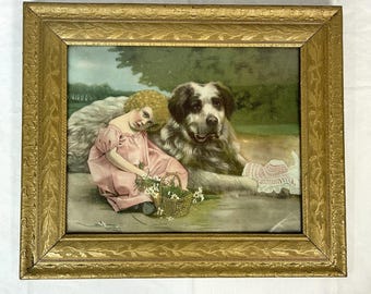 Vintage Ornate Gold Gesso Wood Frame w/ Victorian Girl & Dog Print 22.5” X 26.5”