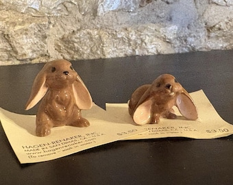 2 Vintage Hagen Renaker Lop Ear Rabbits Figurines Bunnies on Original Cards