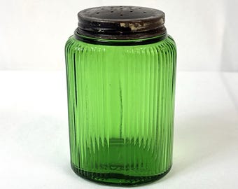 Vintage Owens-Illinois Ribbed Green Ovoid Glass Salt Pepper Shaker w/ Metal Lid