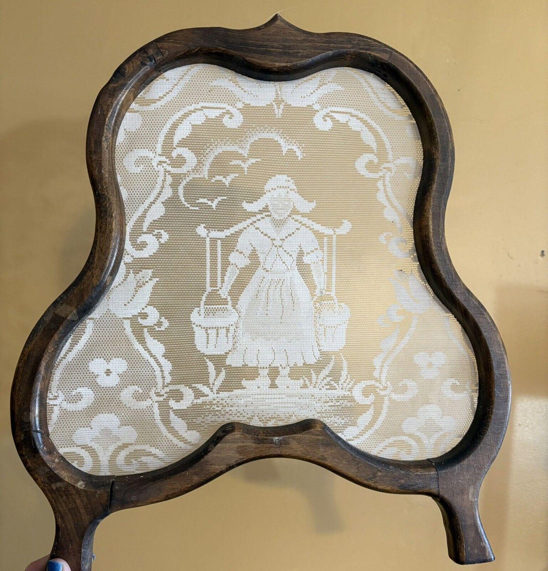 Vintage Dutch Milk Maid Lace Window Wood Frame Plant Screen Panel Scene ...