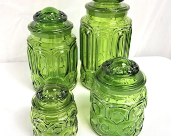 L E Smith Glass Green Moon & Stars Canisters Jars - Full Set of 4 - READ