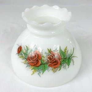 Vtg White Milk Glass Hurricane Lamp Shade Red Roses Ruffled Top 8” Diameter