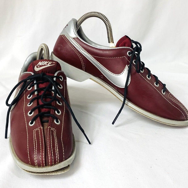 Vintage 80s Nike Bowling Shoes Women's Size 8.5 Burgundy Maroon Silver Split Toe