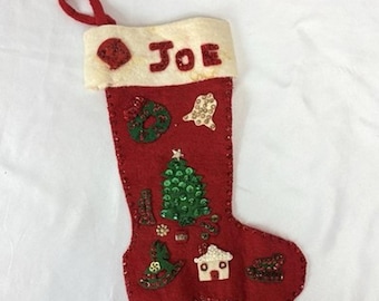 Vintage Felt Sequined Christmas Stocking Handmade Appliquéd Tree Wreath JOE