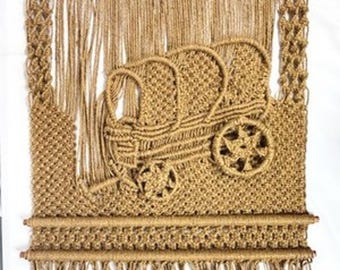 Vtg Handmade 1970s Macrame Jute Wall Hanging BOHO Retro Covered Wagon 32” X 24”