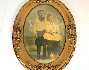 Antique Oval Gold Gesso Picture Frame Convex Bubble Glass 25” X 19”