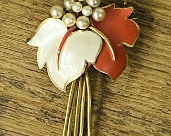 Broche vintage Pin Handarbeit Alemania Esmalte Tono Oro Perlas Falsas Floral