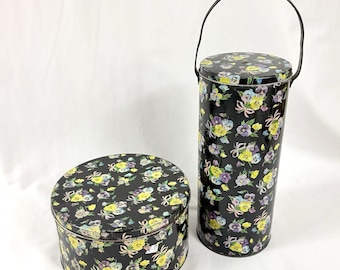 Vintage Floral Retro Yarn String Holder Canister Matching Set of Tins Crocheting