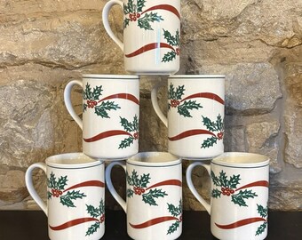 Vintage Libbey Holly Berries Ribbon Ceramic Cups Mugs Holiday Christmas Set of 6