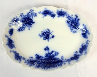 Antique W H Grindley Blue Flow 14" Porcelain Rose Albany Pattern Platter Vtg