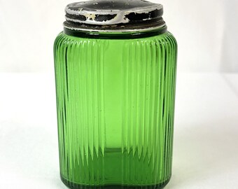 Vintage Owens-Illinois Ribbed Green Ovoid Glass Salt Pepper Shaker w/ Metal Lid
