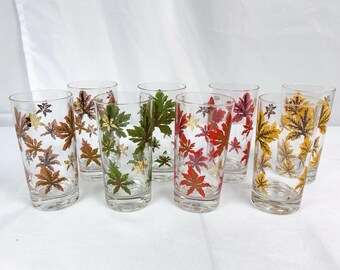 Vintage Gold Accent Maple Leaf Federal Glass High Ball Glass Tumblers Autumn Set