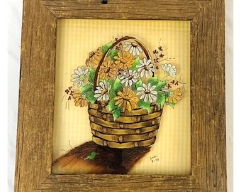 Cesta floral de margarita de vidrio pintado al revés enmarcada en madera de granero vintage 1975