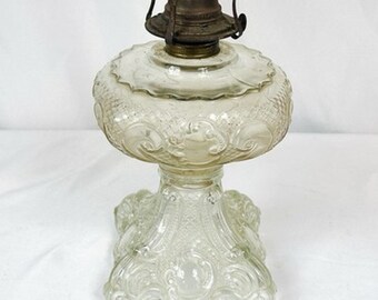 Antique EAPG Princess Feather Glass Oil Lamp White Flame Burner Kerosene 1890s
