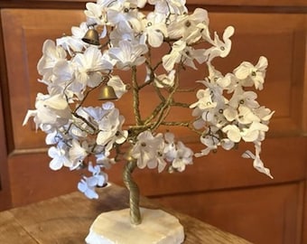 Vtg Cherry Blossom Wire Tree Bonsai Style Marble Base Brass Bells Prosperity