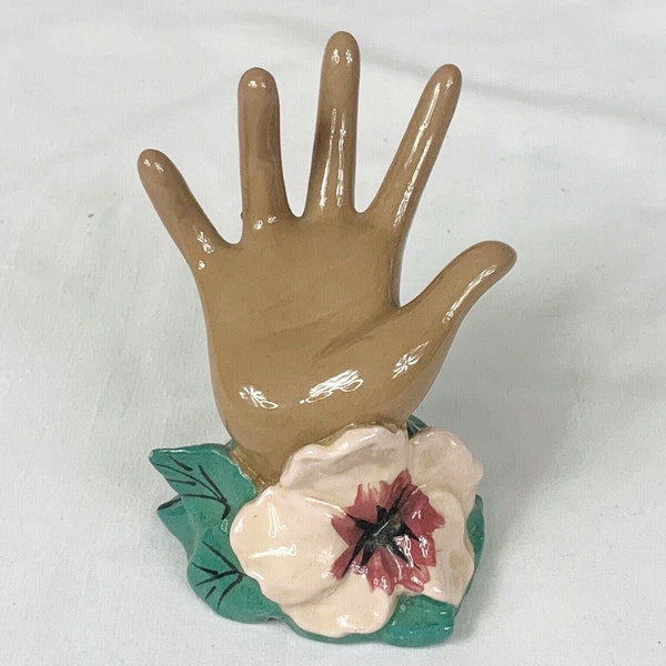 Vtg Ceramic Clemensons of CA Pottery Figural Hand Pink Flower Ring Holder