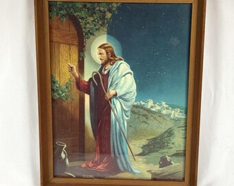 Vintage 9x12 Print Jesus Knocking On Heaven’s Door W Victor Guinness Wood Frame