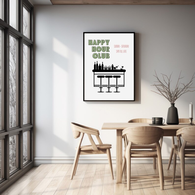 May include: Black and white illustration of a bar with three stools. The text "HAPPY HOUR CLUB" is in green and pink with the words "Sundays - Saturdays" and "Sip til Late" in smaller pink text.