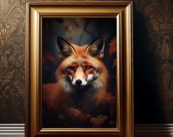Dark Autumn Fox Painting, Moody Rustic Fox Print, Dark Academia Decor, Moody Wall Art, Dark Cottagecore, Animal Wall Art, Dark Forest Print
