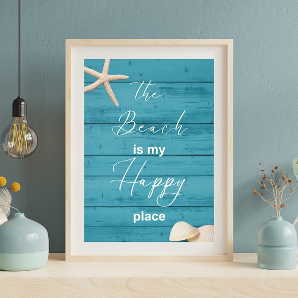 The Beach Is My Happy Place, Coastal Typography Wall Art, Printable Nautical Wall Decor, Seashell Beach Download, Trendy Room Accents