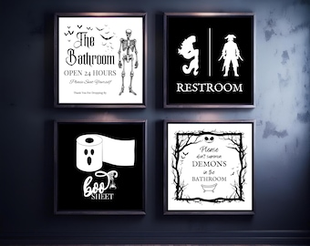 Letreros de baño de Halloween, arte de pared para fiesta de Halloween, arte de pared imprimible espeluznante, juego de 4 impresiones de Halloween, letrero de hoja de abucheo, no invoques a un demonio
