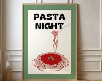 Pastakvällstryck, Spaghettiposter, Pastaälskarkonst, Retro pastatryck, Middagsaffisch, Spaghettitryck, Trendig utskrivbar konst, Pastatryck