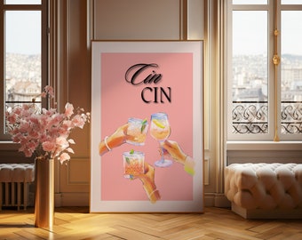 Impresión de carrito de bar de moda, Póster Cin Cin, Póster de cóctel retro, Arte de pared de carrito de bar, Decoración de pared imprimible de bebidas de arte de bar, Póster de saludos,