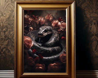 Vintage Gothic Snake Print, Dark Academia, Aesthetic Snake Painting, Cottagecore  Serpent Wall Art, Snake And Rose Print, Gothic Room Decor