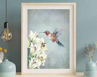 Kolibri-Vintage-Druck, Kolibri-Wandkunst, Vogel-Wanddruck, antiker Vogel-Kunstdruck, druckbare Vogelkunst, Retro-Kunst, digitaler Download