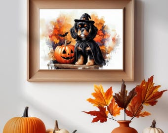 Fall Themed Dog Art, Halloween Dog Painting, Cozy Fall Wall Art, Whimsical Halloween dog, Puppy Witch Print, Fall Watercolor Art, Farmhouse