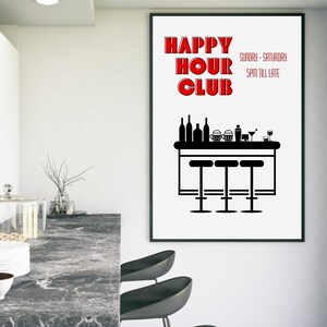 Happy Hour Club Poster, Retro Bar Cart Print, Trendy Cocktails Poster, Funky Bar Cart Art, Esthetische Cocktail Art Print, Cocktail Wall Art