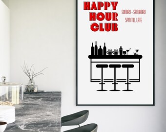 Happy Hour Club Poster, Retro Bar Cart Print, Trendy Cocktails Poster, Funky Bar Cart Art, Aesthetic Cocktail Art Print, Cocktail Wall Art