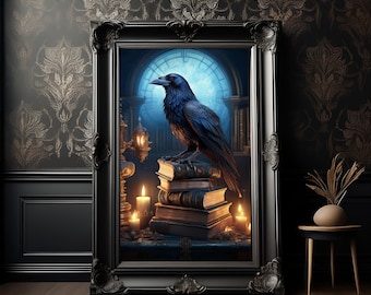 Gothic Victorian Raven, Raven with Candles, Gothic Room Decor, Dark Academia Poster, Dark Home Decor, Victorian Wall Art Print, Vintage Art