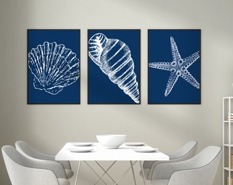 Beach Prints, Set Of 3 Sea Shell Prints, Trendy Coastal Wall Art, Modern Abstract Beach Art, Beach House Decor, Printable Nautical Wall Art