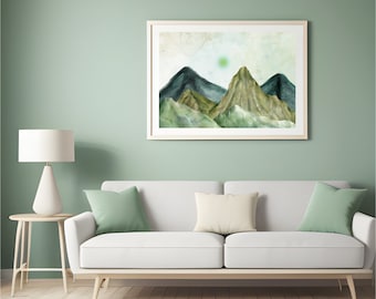 Sage Green Mountain Wall Art, Watercolor Mountain Landscape, Abstract Nature Printable, Modern Art