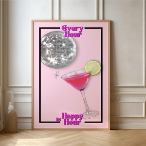 Happy Hour Poster, Vintage Happy Hour, Cocktail Poster, Trendy Cocktail Art, Bar Cart Wall Decor, Funky Disco Ball, Retro Bar Cart Decor