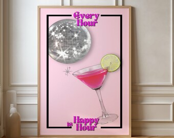 Happy Hour Poster, Vintage Happy Hour, Cocktail Poster, Trendy Cocktail Art, Bar Cart Wall Decor, Funky Disco Ball, Retro Bar Cart Decor