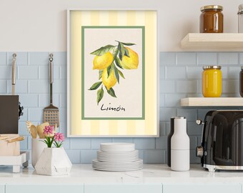 Lemon Fruit Print, Kitchen Printable Wall Art, Fruit Minimalistic Prints, Yellow and Green Decor, Modern Farmhouse Kitchen Decor, Printable